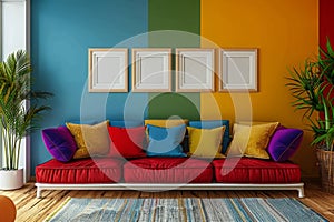 Vibrant Frames on Apartment Wall Above a Modern Sofa With Pillows