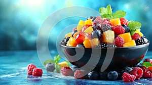 Vibrant fresh fruit salad in black bowl for healthy summer refreshment