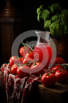 Vibrant freshly squeezed tomato juice on dark vintage backdrop for a rustic and fresh look