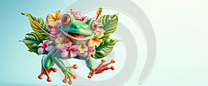 A vibrant frog adorned with a garland of tropical flowers, mid-leap