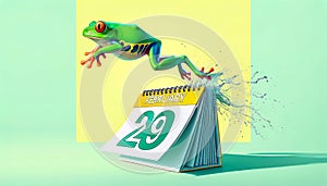 A vibrant frog leaping off a calendar marking Leap Day, February 29 Leap Year Concept