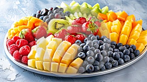 Vibrant fruit platter on white surface perfect for health ads with ample space for text