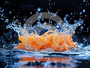 Vibrant fruit splashing with water and ice on elegant black background photo