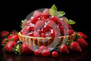 A vibrant fruit tart filled with juicy raspberries, and a glossy topping, surrounded by fresh strawberries and blueberries on a