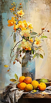 Vibrant Fruit And Yellow Orchids In Antique Metallic Vases