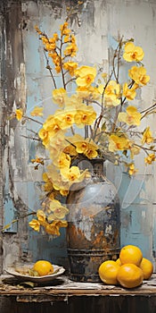 Vibrant Fruit And Yellow Orchids In Antique Metallic Vases