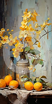 Vibrant Fruit And Yellow Orchids In Antique Metallic Vases