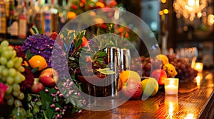Vibrant fruits and herbs adorn the bar bursting with color as the ling candles reflect off the polished wooden surface