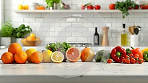 vibrant fruits and vegetables displayed on a kitchen counter, promoting healthy eating ideal for a concept banner layout