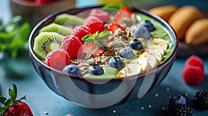 Vibrant and fruity bowl filled with a variety of seasonal fruits, AI-generated.