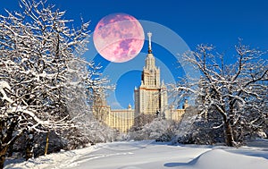 Vibrant full Moon winter collage of famous Russian unversty camp