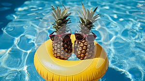 Vibrant funny happy Pineapples in sunglasses Drift on an Inflatable Float, Embracing Relaxing Vibes. Sunny Escapade, vacation and