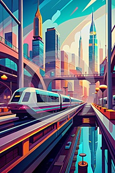 Vibrant Futuristic Cityscape with High-Speed Monorail Transportation photo