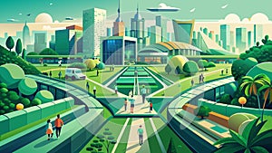 Vibrant, Futuristic Cityscape Illustration with Pedestrians and Green Spaces photo