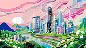 Vibrant Futuristic Cityscape with Lush Greenery and Dynamic Skylines photo