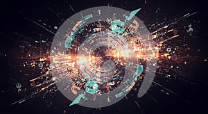 Vibrant futuristic data vortex exploding in darkness