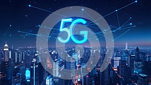 Glowing 5G Symbol Above City Skyline photo