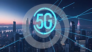 Glowing 5G Symbol Above City Skyline photo