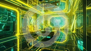 Vibrant Futuristic Interior: A Stunning Blend of Bright Yellow and Gree