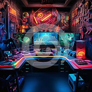 Vibrant and Futuristic Workbench Setup in the Geek's Pioneering Playground