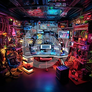 Vibrant and Futuristic Workbench Setup in the Geek's Pioneering Playground