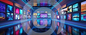 The vibrant gallery showcasing modern artworks with immersive blue lighting. AI generated image