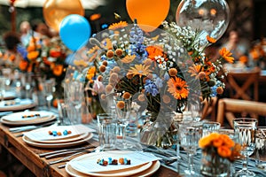 Vibrant garden party table arrangement with blue balloons and wildflowers. Graduation time in educational institutions. photo
