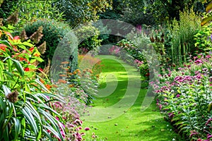 Vibrant Garden Walkway Bordered by Lush Flowerbeds on a Sunny Day