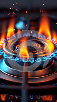 Vibrant gas burner blue orange flames dance in closeup brilliance