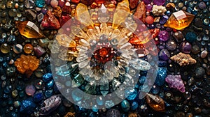vibrant gemstones in mandala pattern, astrology gem concept with mystical vibes a colorful background with celestial