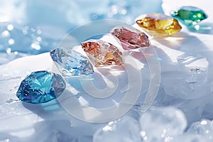 Vibrant gemstones sparkle against white backdrop, creating mesmerizing brilliance