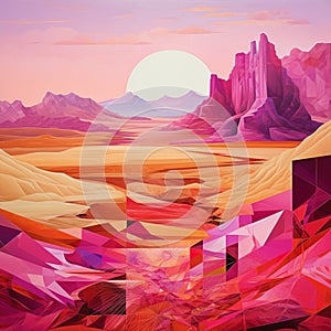 Vibrant Geometric Abstraction: Pink Rock Walls, Mountains, And Trees