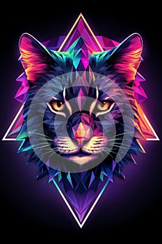 Vibrant geometric cat with playful personalities on neon watercolor splash vertical background
