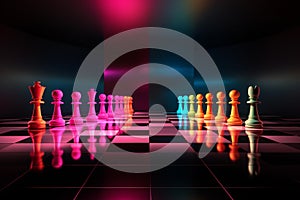 Vibrant Geometric Chessboard: Futuristic Abstract Chess Pieces on Polished Marble Floor photo