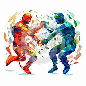 Vibrant Geometric Figures Engaged in Intense Rock-Paper-Scissors Game photo