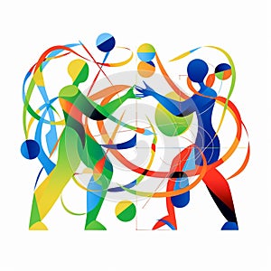 Vibrant Geometric Figures Engaged in Intense Rock-Paper-Scissors Game photo