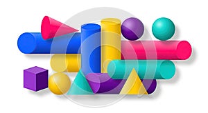 Vibrant Geometric Forms: 3D Rendering of Cylinders, Spheres, Cones, and Cube on White