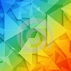A vibrant geometric pattern featuring an array of overlapping triangles and polygons in