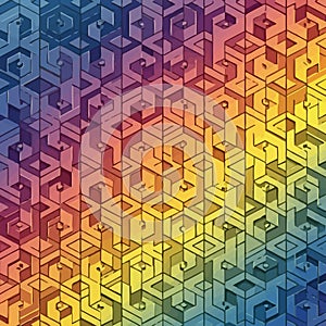 Vibrant geometric pattern featuring interlocking shapes with a seamless gradient rainbow effect