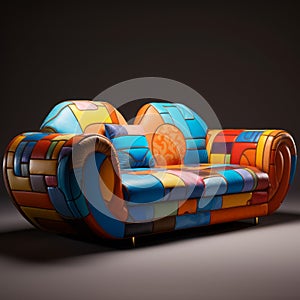 Vibrant Geometric Pattern Sofa: Inspired By Mike Campau, Winsor Mccay, And Naoto Hattori