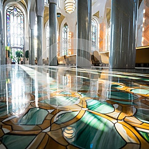 Vibrant Geometric Patterns: Abstract Stained Glass Window Designs in Modern Cathedral photo