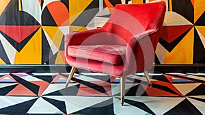 Vibrant geometric patterns adorn the walls and floor adding a touch of modern flair to the space