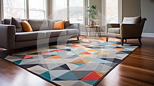 Vibrant Geometric Patterns: Colorful Rug on Hardwood Floor