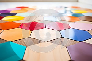 Vibrant Geometric Symmetry: Colorful Shapes on White Tabletop