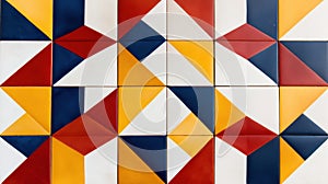 Vibrant geometric tile patterns in red, yellow, blue and white.