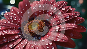 Vibrant gerbera daisy blossom, wet with dew, in nature meadow generated by AI