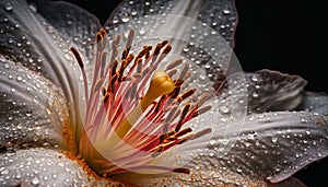 Vibrant gerbera daisy blossom, wet with dew, in springtime garden generated by AI