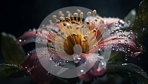 Vibrant gerbera daisy in formal garden, raindrop adds freshness generated by AI