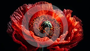 Vibrant gerbera daisy, wet with dew, on black background shines generated by AI