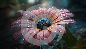 Vibrant gerbera daisy in wet meadow, autumn colors and dew generated by AI